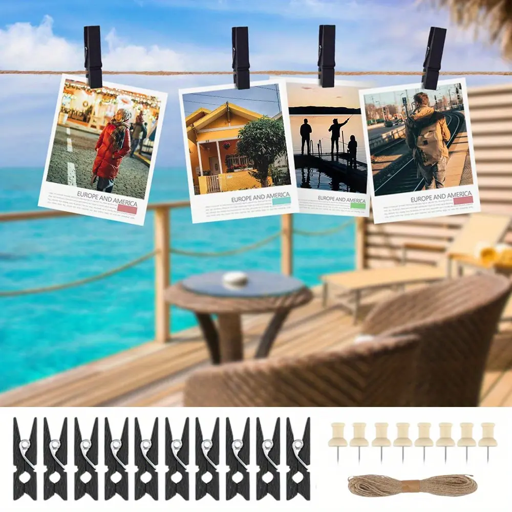 200pcs Small clips 2.5cm mini wooden clothes clip decoration photo frame clip,  Black Clothes Pegs with 20 m Jute Cord and 15 Picture Needles, Mini Wooden Clothes Pegs