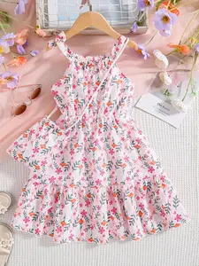 Girl's Floral Print Dress with Crossbody Bag, Casual Sleeveless Dress for Summer, Kids Clothes for Daily Wear, Floral Printed Dress