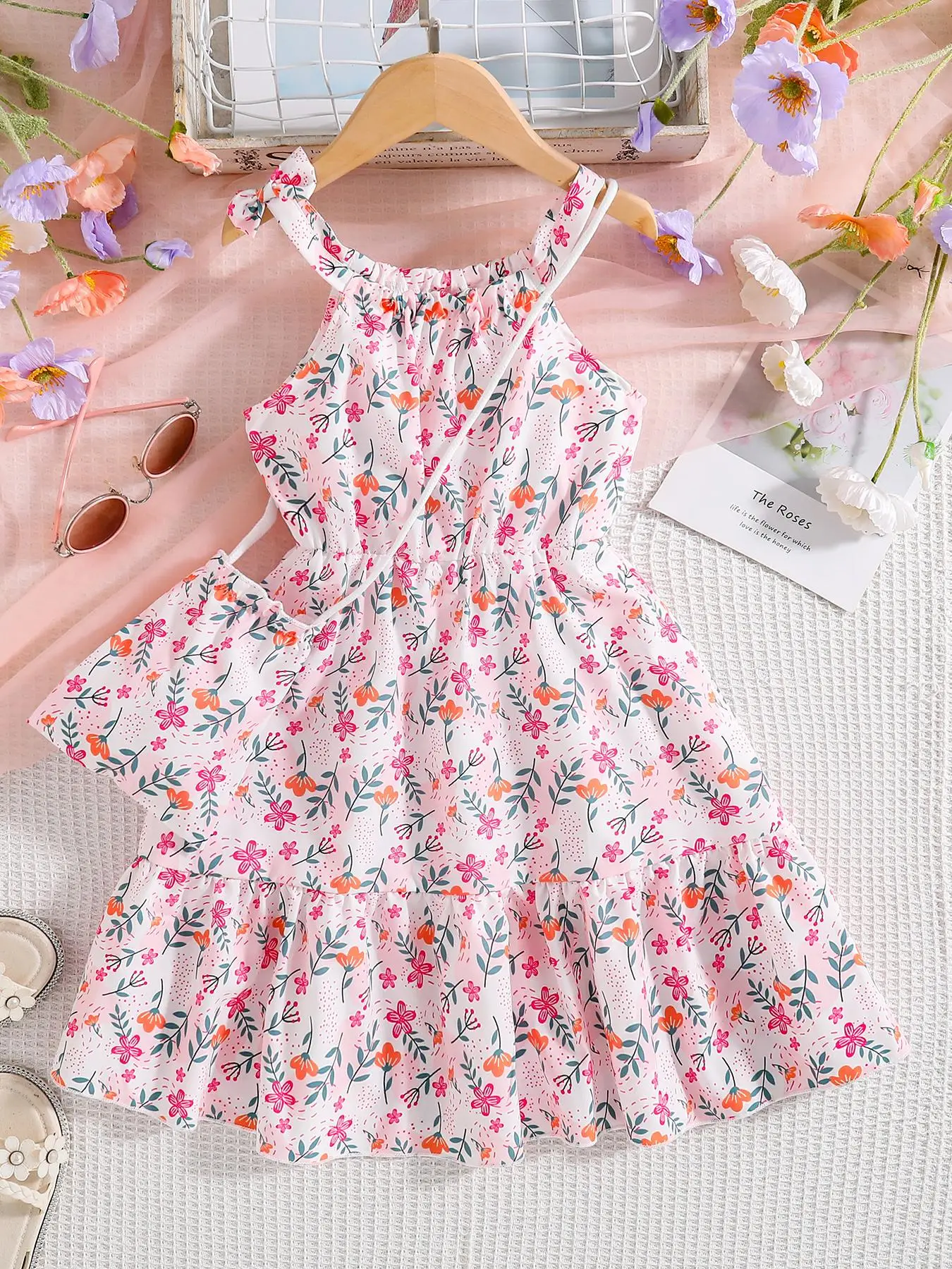 Girl's Floral Print Dress with Crossbody Bag, Casual Sleeveless Dress for Summer, Kids Clothes for Daily Wear