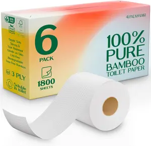 100% Bamboo Toilet Paper | 3-Ply – Strong & Absorbent | Tree-Free, FSC Certified, BPA/PFAS-Free | Septic-Safe, Lint-Free | 6 Rolls (1800 Sheets) | PALM NAKI