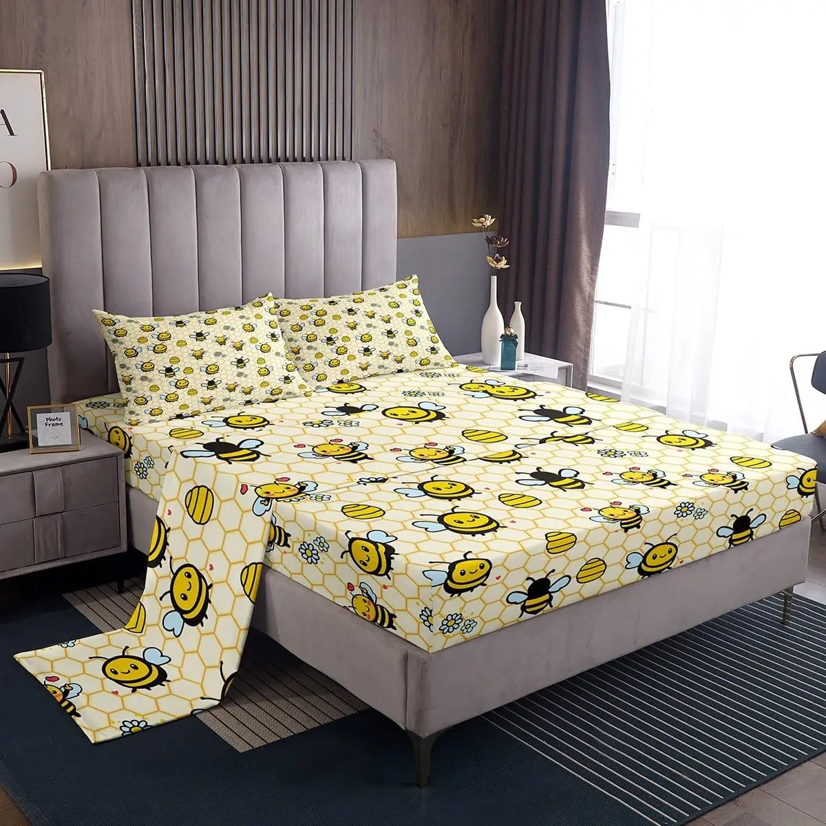Feelyou Printed Bedding Set - Cute Bed Sheets with Bee Daisy Cartoon, Farmhouse Flowers & Geometric Honeycomb Designs, Soft Breathable Fitted + Flat Sheets + Pillowcases for Kids
