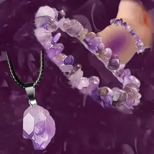 Natural Stone Pendant Necklace & Beaded Bracelet Set, Purple Irregular Stone Jewelry with Black Leather Cord, Healing Energy Accessories for Women