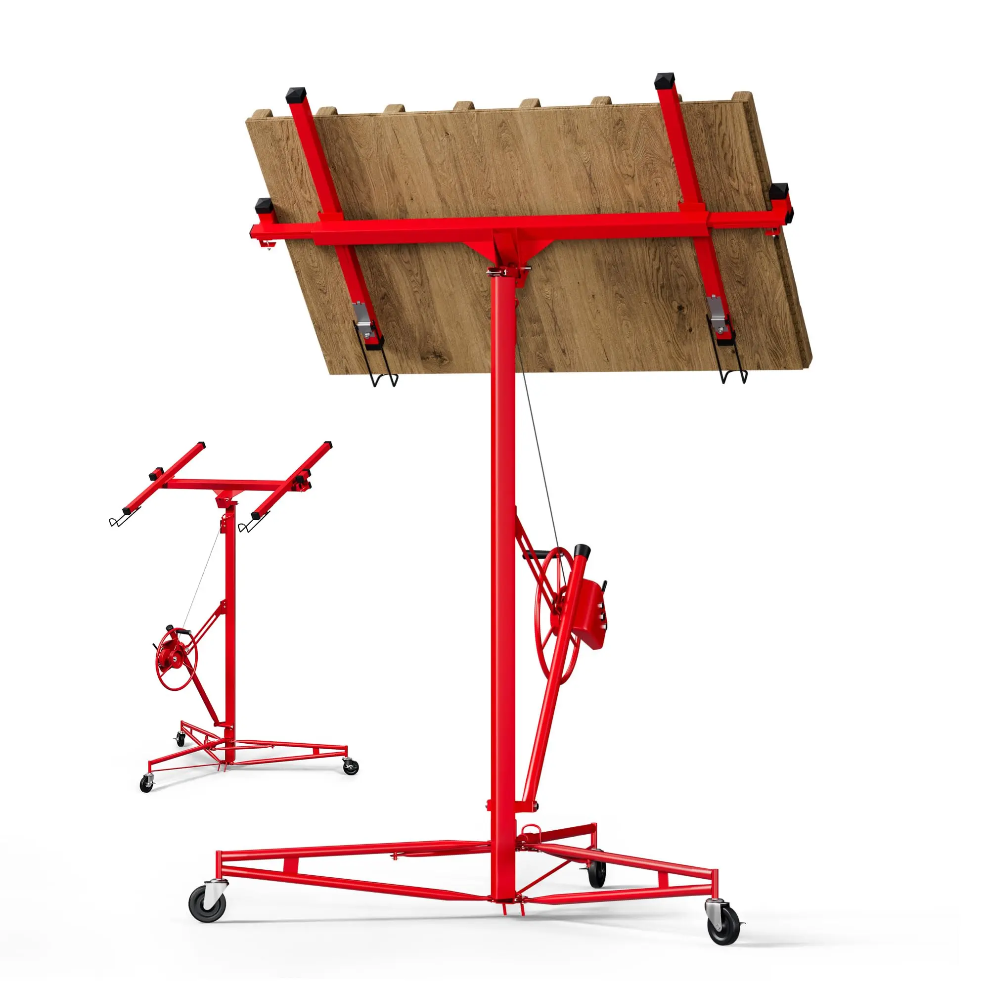 Garvee 11 Ft Heavy Duty Drywall Panel Lift Hoist Jack - 150LBS Capacity, Manual Winch, Metal Frame, 360° Adjustable Telescopic Arm, 3 Lockable Rolling Wheels, Sheetrock Lifting Tool