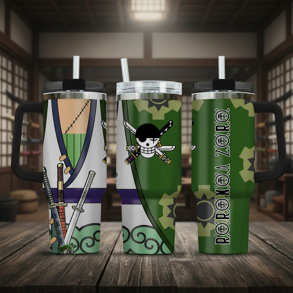 Roronoa Zoro Insulated Portable Water Bottle Flask - 1 Piece 40oz Classic Tumbler with Handle, Straw, Adults' Kitchenware Drinkware for Road Trips, Workouts, Pirate Hunter Manga Gift, Insulation