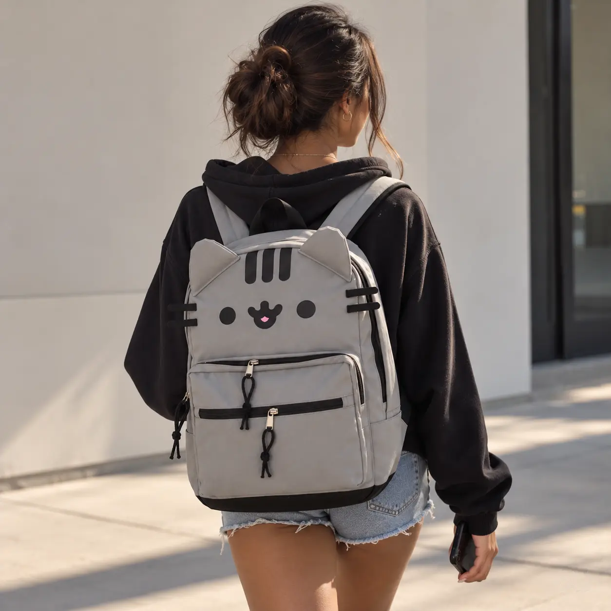 Cute Cat Backpack for Girls Boys Teens, Kawaii Grey Tabby Kitty School Bag, Lightweight Durable Nylon Bookbag, Adjustable Shoulder Straps, Zipper Closure, Unisex Cartoon Animal Print Daypack for School, College, Travel & Everyday Use