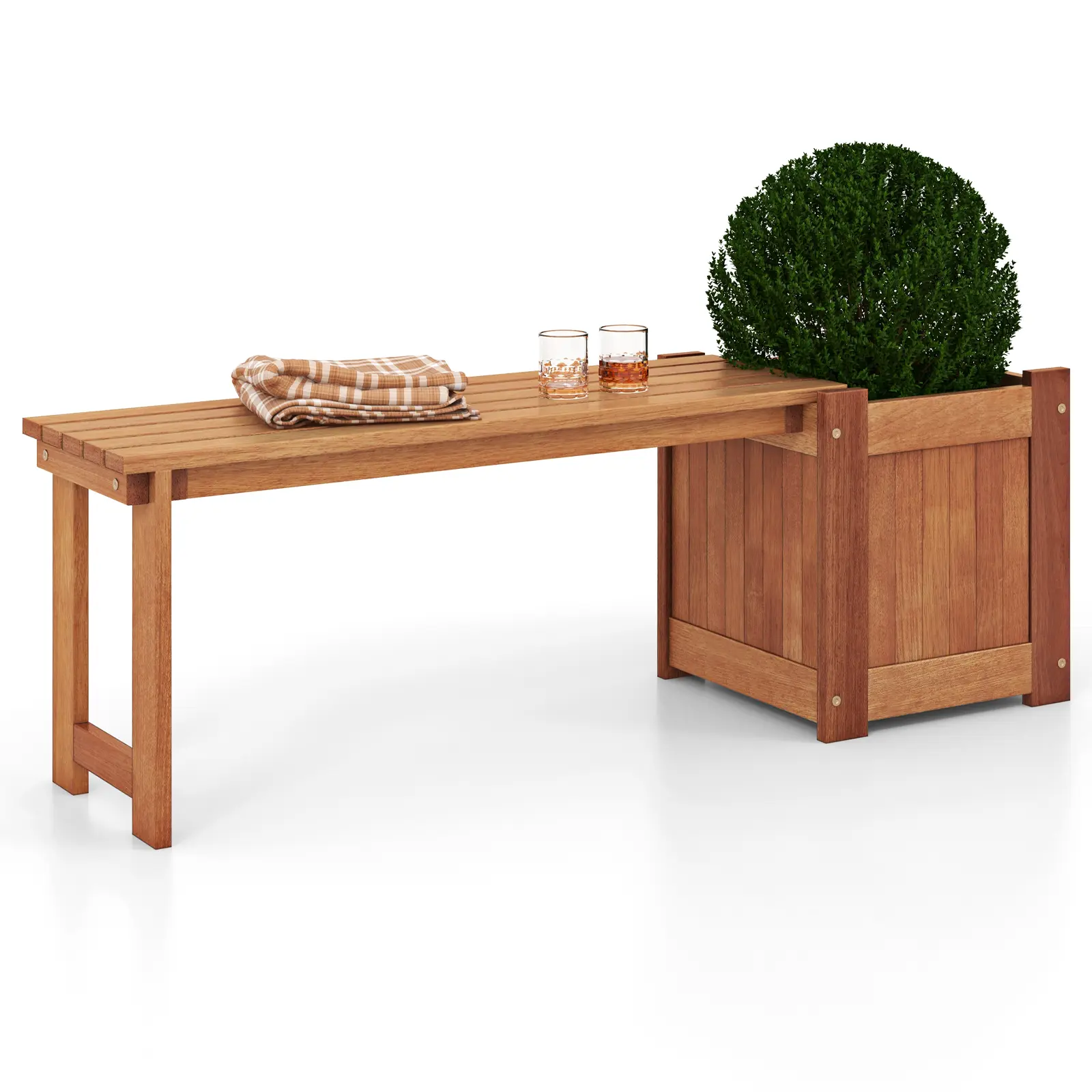 COSTWAY - Teak Oil Finish Raised Garden Bed Wood Planter Box with Bench