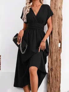 Elegant Chic V-Neck Slim-Fit Midi Dress with Pockets, Classic Casual Office Formal Evening Party Wear, Women's Solid Color Flowy Skirt