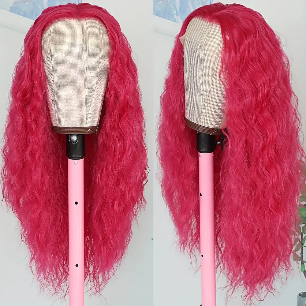 13x4 Hot Pink Water Wave Lace Front Wig - Pre-Plucked Hairline, Loose Curly Style, Heat Resistant, Glueless Design for Women - Vibrant Color, Natural Look, Perfect for Daily Wear