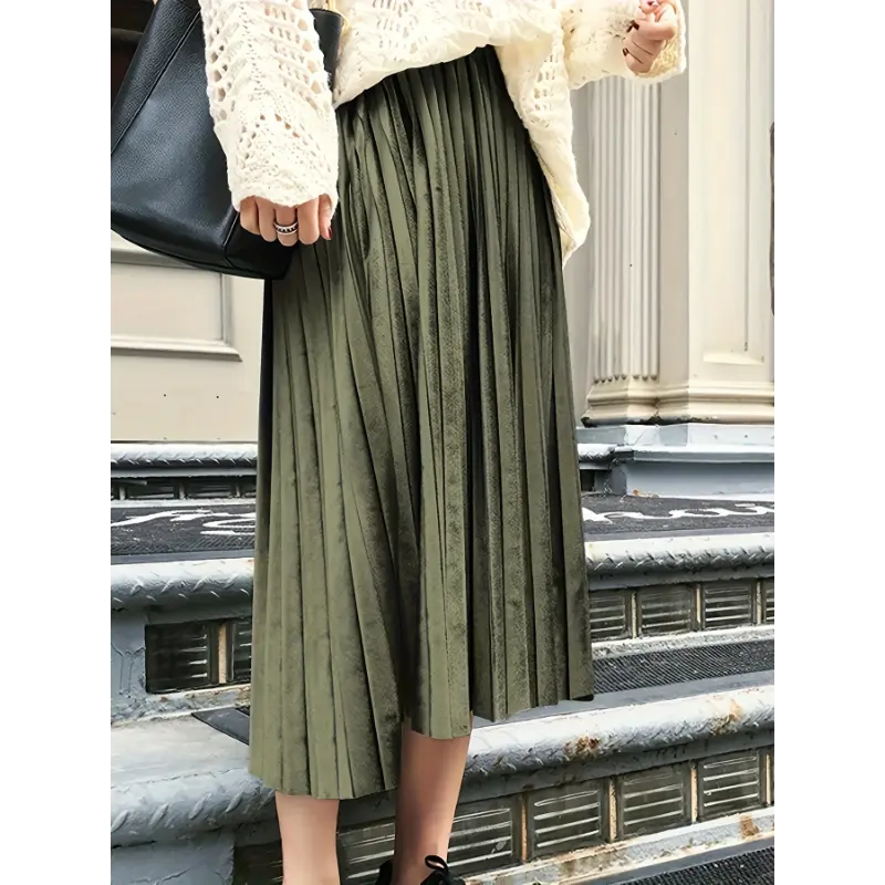 Light Purple Pleated Midi Skirt for Women - Chic Elastic Waist, Versatile & Comfy Polyester, Perfect for Fall/Autumn