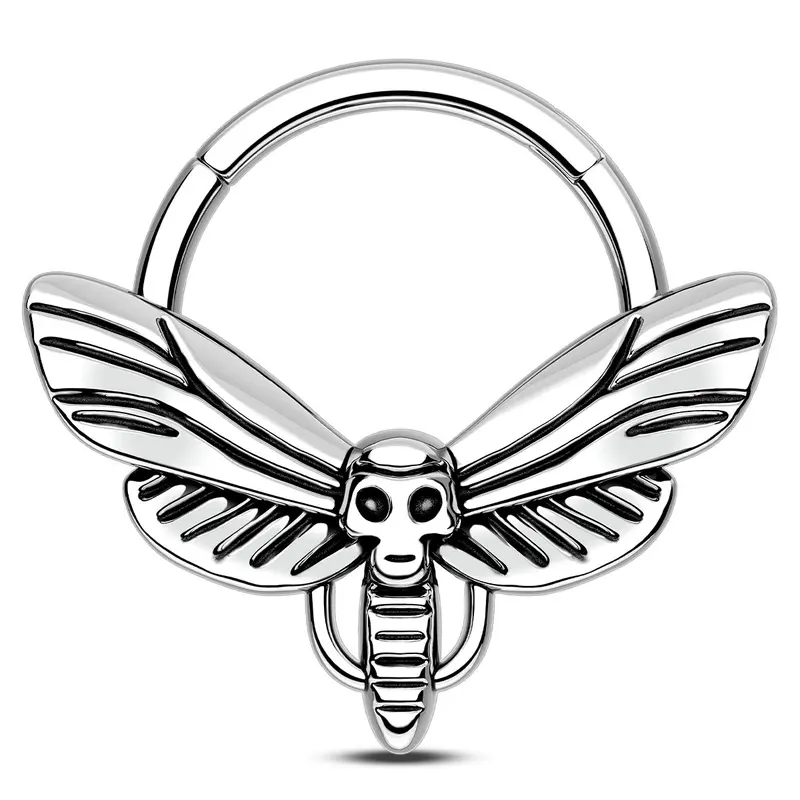 OUFER BODY JEWELRY Septum Ring Unisex Skull Head Moth Hinged Segment Clicker Hoop 316L Stainless Steel 16G 10mm Cartilage Piercing for Conch Daith Helix Lobe Snug Gothic Body Jewelry