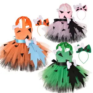Kids Baby Girl Halloween Caveman Costumes Tulle Tutu Princess Dress Halloween Cosplay Dress Up Bone Stick Birthday Party Outfit Set