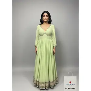 Designer Handwork Long Gown in Premium Georgette – Sabyasachi Style | Mint Green | Sizes 36–46