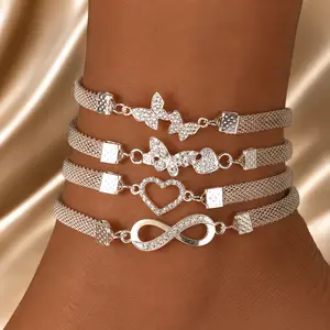 Set of 4- Elegant And Shiny Stackable Ankle Chains, Synthetic Zirconia Ankle Chains Plated with Butterflies And Hearts, Multifunctional Daily Jewelry Gifts avery bracelet james