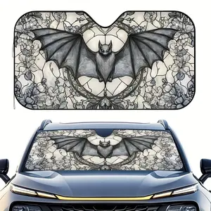 1pc Halloween Bat & Floral Stained Glass Car Sunshade - Foldable Windshield Cover with 4 Suction Cups, Fit for SUVs Sedans Vans Trucks, Heat & UV Protection, Stylish Vehicle Accessory