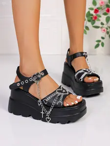 Style Y2K Heart Cross Chain Sandals, Adjustable Strappy Sandals, Thick Sole Platform Flip Flops, Women's Summer Streetwear Outdoor Shoes, Casual PU Rubber Bottom