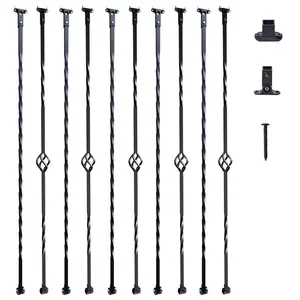 VEVOR Staircase Metal Balusters, 44'' x 1/2" Galvanized Steel Decorative Banister Spindles, 10 Pack Deck Baluster with Hollow Single Baskets, Twists, Spiral Stair Railing w/ Shoes & Screws