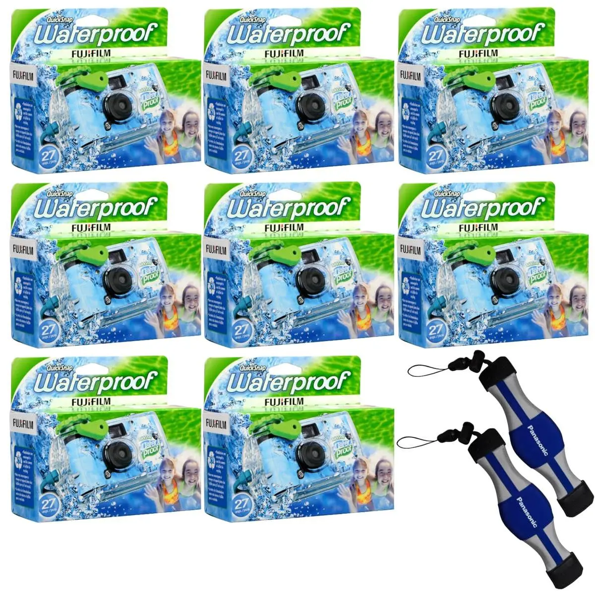 Fujifilm 8-PACK QuickSnap 800 Waterproof 35mm One-Time-Use Disposable Camera, 27 Exposures with Panasonic Floating Camera Strap