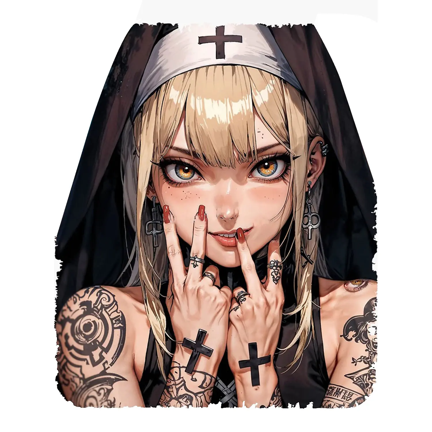 Anime Gothic Nun Sticker, Blonde Tattooed Character with Bold Edgy Look & Confident Stare, Aesthetic Laptop, Bottle & Journal Decor