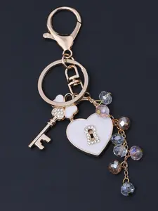 Crystal Heart Four Leaf Clover Keychain for Valentine's Day, Beautiful Bowtie Heart Lock Keychain, Colorful Gem Beaded Bag Charm for Her Gift, Keychain Jewelry, Trendy Cute Keychain