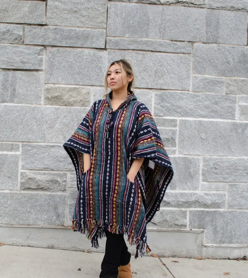 Handmade 100% Cotton Poncho Mexico - Blanket Poncho - Boho Hippie Poncho Cover -  Unisex Design Poncho