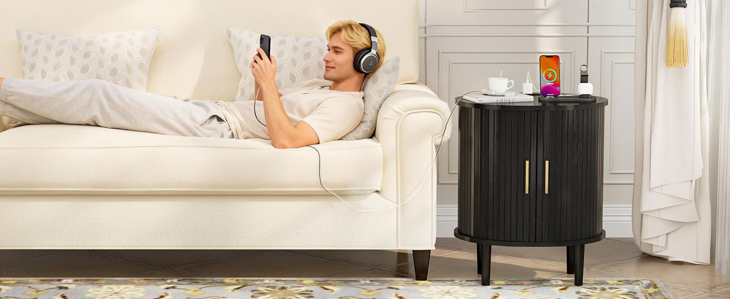 DHHSmart LED Nightstand with Power Strip, Modern Bedside Table with Open Storage Shelf & 4 Drawers, Minimalist Side Table with Charging Hub & USB for Modern Home Decor