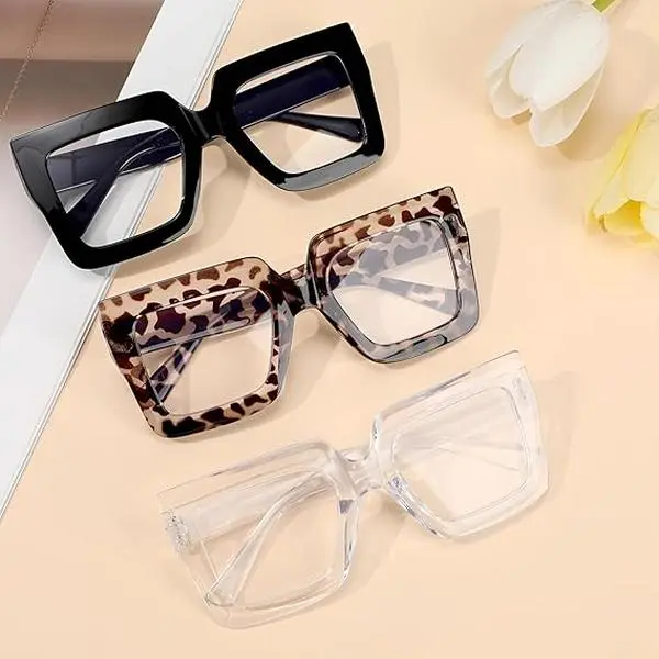 3 Packs Oversized Square Blue Light Glasses for Women Cute Big Frame Glasses Fashion Clear Multi-Color Computer Eyewear for Office Reading, Driving, Suiting Any Outfit or Occasion