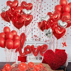 Valentines Day Balloons Kit, 563Pcs Red Silver Heart Balloons with Rose Petals, Love Balloons for Valentines Day Anniversary Mothers Day Wedding Romantic Decorations Special Night