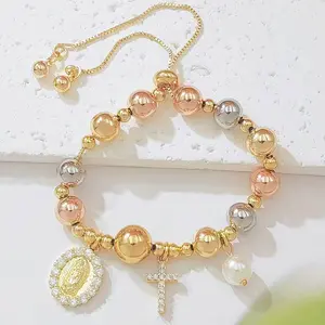 Women's Tri-Color Gold Plated Guadalupe Rosary Bracelet - CZ-Encrusted Cross, Virgin Mary Medal, Pearl Accent, Adjustable Slider, Dainty Religious Faith Jewelry for Baptism & Daily Wear