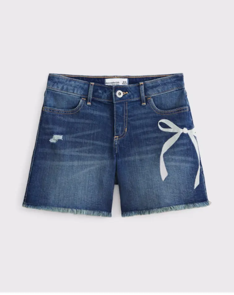 Abercrombie & Fitch Kids' Girls' Baggy Denim Shorts - 100% Cotton Basic Mid-Waist Casual Fit, Embroidered Bow, Adjustable Waistband, Cold Wash, Do Not Bleach, Imported, Baggy Fit, Adjustable Strap