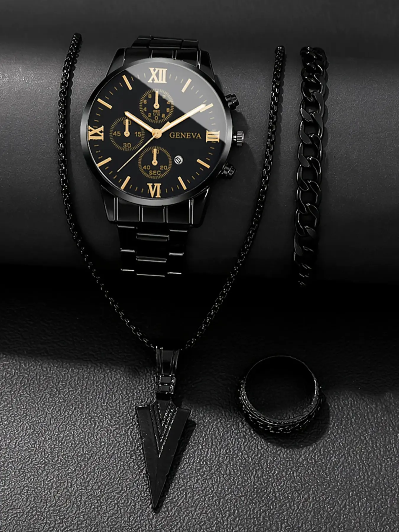 Men's Fashion Watch & Chain Bracelet & Necklace & Ring Set, Casual Round Dial Analog Quartz Watch & Jewelry Set, Trendy Watch Set for Party, Daily Decor, Exquisite Watch Set for Gift, Casual Wristwatch Set