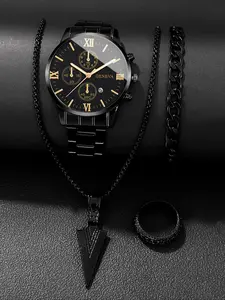 Men's Fashion Watch & Chain Bracelet & Necklace & Ring Set, Casual Round Dial Analog Quartz Watch & Jewelry Set, Trendy Watch Set for Party, Daily Decor, Exquisite Watch Set for Gift, Casual Wristwatch Set