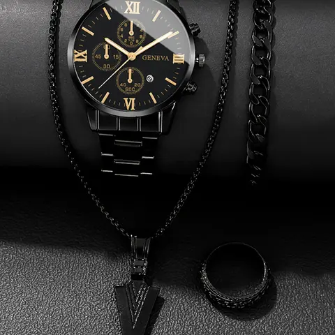 Men's Fashion Watch & Chain Bracelet & Necklace & Ring Set, Casual Round Dial Analog Quartz Watch & Jewelry Set, Trendy Watch Set for Party, Daily Decor, Exquisite Watch Set for Gift, Casual Wristwatch Set