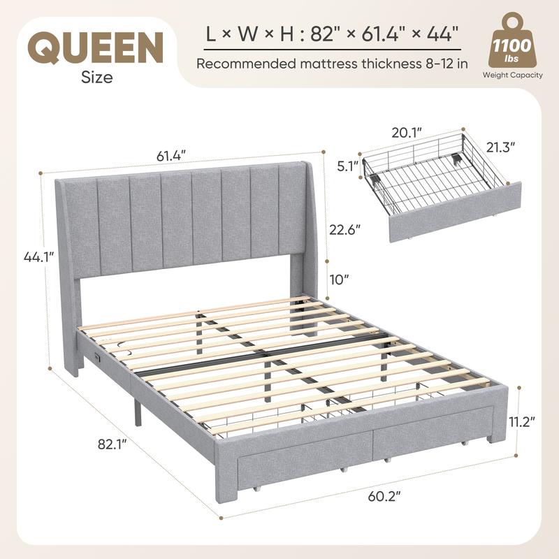 Upholstered Bed Frames With 2 Storage Drawers，Channel Tufted Headboard,Fabric Wrapped Legs,Elegant Platform Bed With Ample Underbed Storage