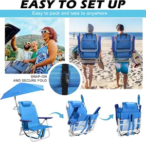 PUKAMI Beach Chair, Backpack Chairs for Adults with Adjustable Umbrella, Folding Beach Chairs with Storage Pouch, Cup Holder & Towel Rack, Adjustable Lounge Chair for Seaside
