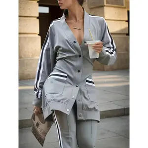 2025 new fashionable casual side striped jacket and waist cinching pants set for spring and autumn styles