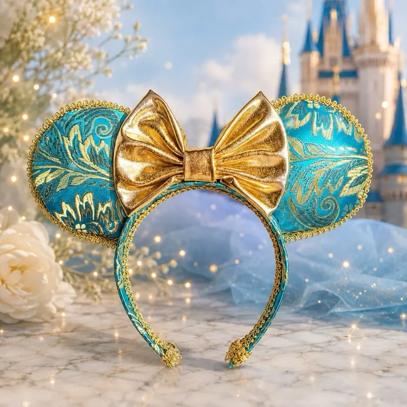 Enchanted Blue & Gold Luxury Mouse Ear Headband | Handmade Park Ears | Fairytale-Inspired Boutique Headband