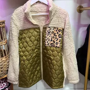 Sherpa Full Zip Jacket with Leopard Print Pocket and Quilted Design for Women
