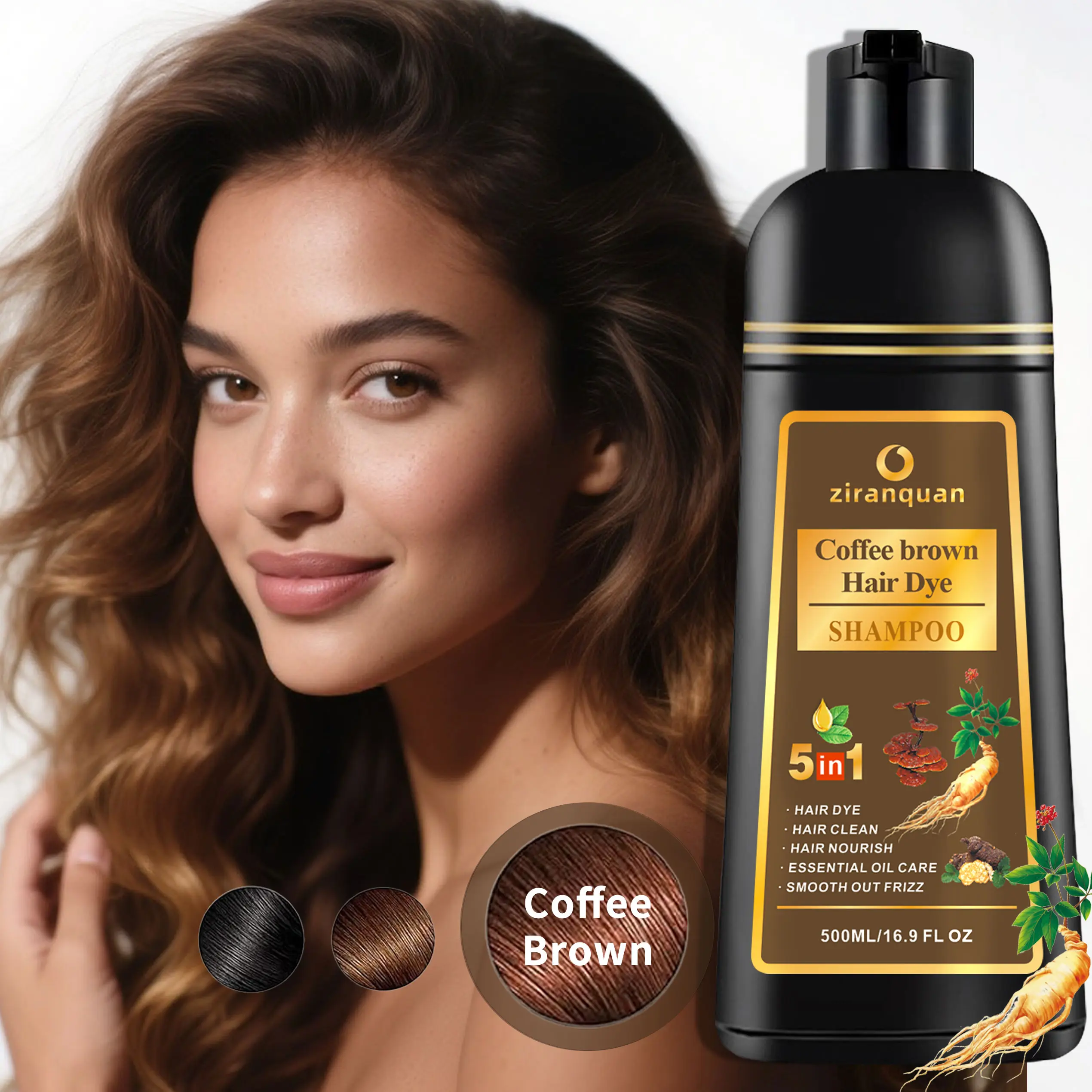 Coffee Brown Hair Color Shampoo with Ginseng Extract, 5 in 1 Semi-Permanent Dye for Gray Coverage in 15 Mins, Ammonia-Free, Unisex for Straight and Wavy Hair, Haircare, Straight Hair