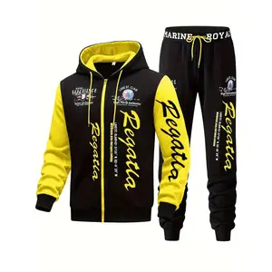 Men's 2-Piece Hooded Sportswear Set, Letter-Printed Full-Zip Sweatshirt, Elastic-Waist Pants, Regular Fit, Outdoor Casual Wear