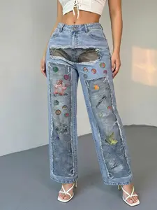 Jeanius Women's High Waist Wide Leg Denim Jeans, Medium Stretch Light Wash, Distressed Mesh Ripped Print with Colorful Star & Badge, Y2K Streetwear Semi Baggy Jeans