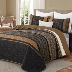 Queen Set Brown,Striped Bedspread Queen Size, Fall Bedding Sets 3 Pieces Micofiber Lightweight with 2 Pillow Shams Coverlet Bed Sets for Men 96''x90''