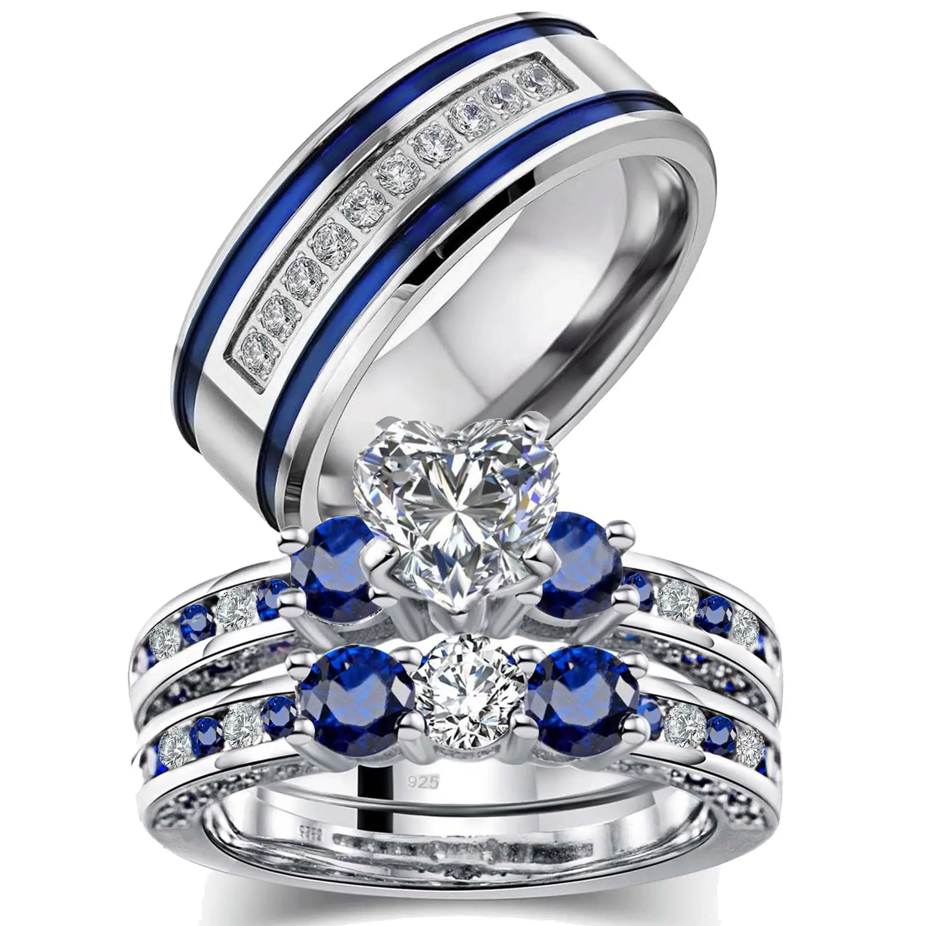 Lvrong 2 Rings His And Hers Couple Rings Heart Cut 1CT Cz Rings 925 Silver Womens Wedding Ring Sets Titanium Steel Mens Wedding Band
