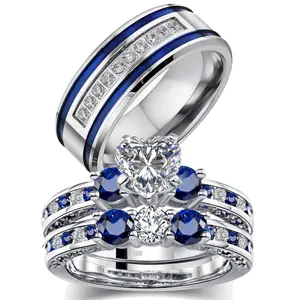 Lvrong 2 Rings His And Hers Couple Rings Heart Cut 1CT Cz Rings 925 Silver Womens Wedding Ring Sets Titanium Steel Mens Wedding Band