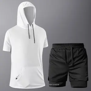 New Summer Two-Piece Sports Set with Hood and Drawstring — Quick-Dry, Breathable Mesh Short-Sleeve T-Shirt and Shorts for Running