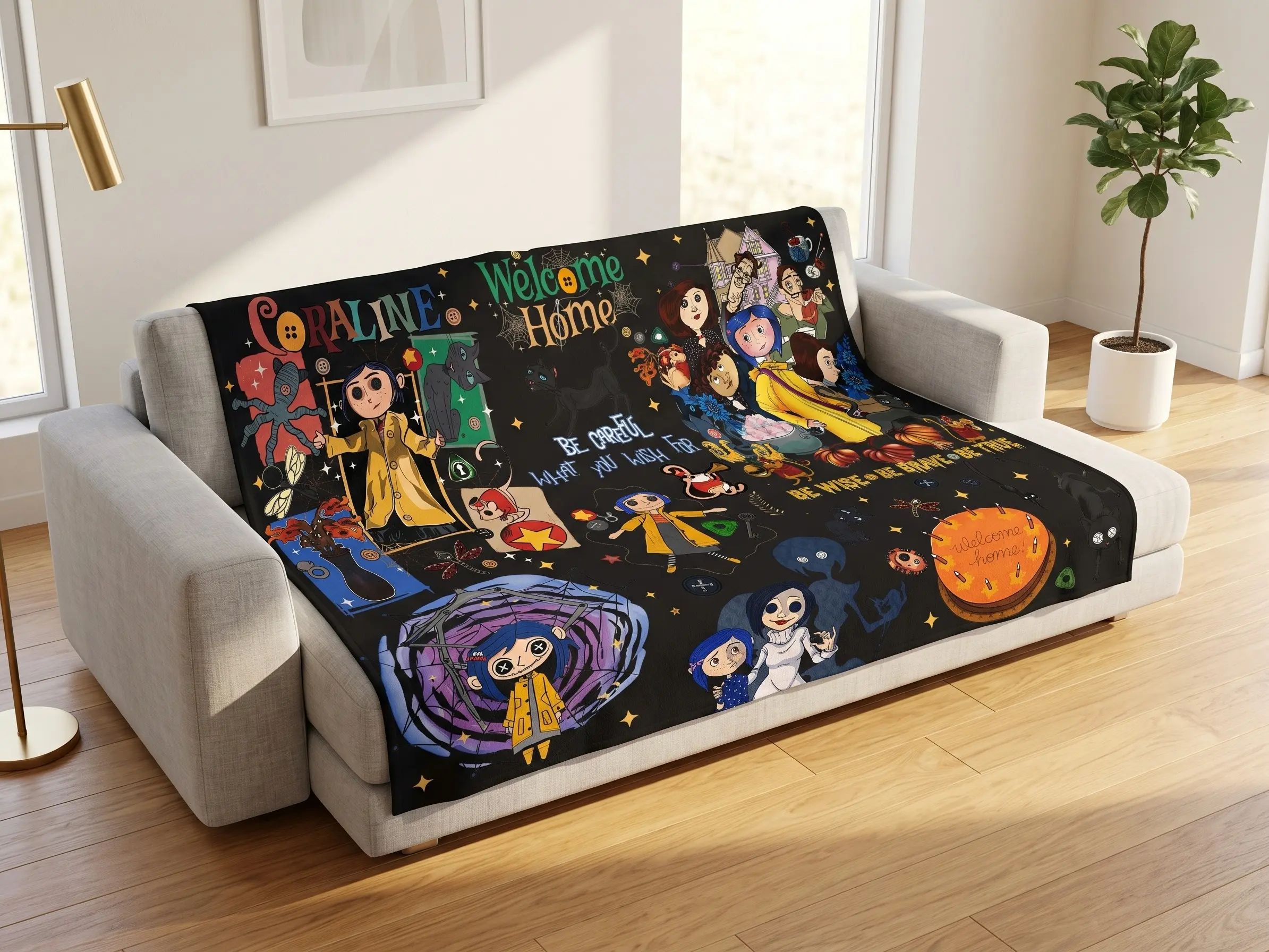 Coraline Black Version Wall Tapestry Soft Flannel Fabric Poster - Dark Fantasy Movie Fan Art Hanging Decor with Button Eye & Black Cat Design for Bedroom Dorm Living Room - Mysterious Cartoon Gift for Teens Girls Women - Sizes 30x40 40x50 50x60 60x80in