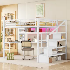 [SOIYELIFE] White Full Size Loft Bed with LED Lighting & Charging Station - Multi-Functional Metal Bunk Bed with Built-in Desk, Wardrobe & Storage Stairs