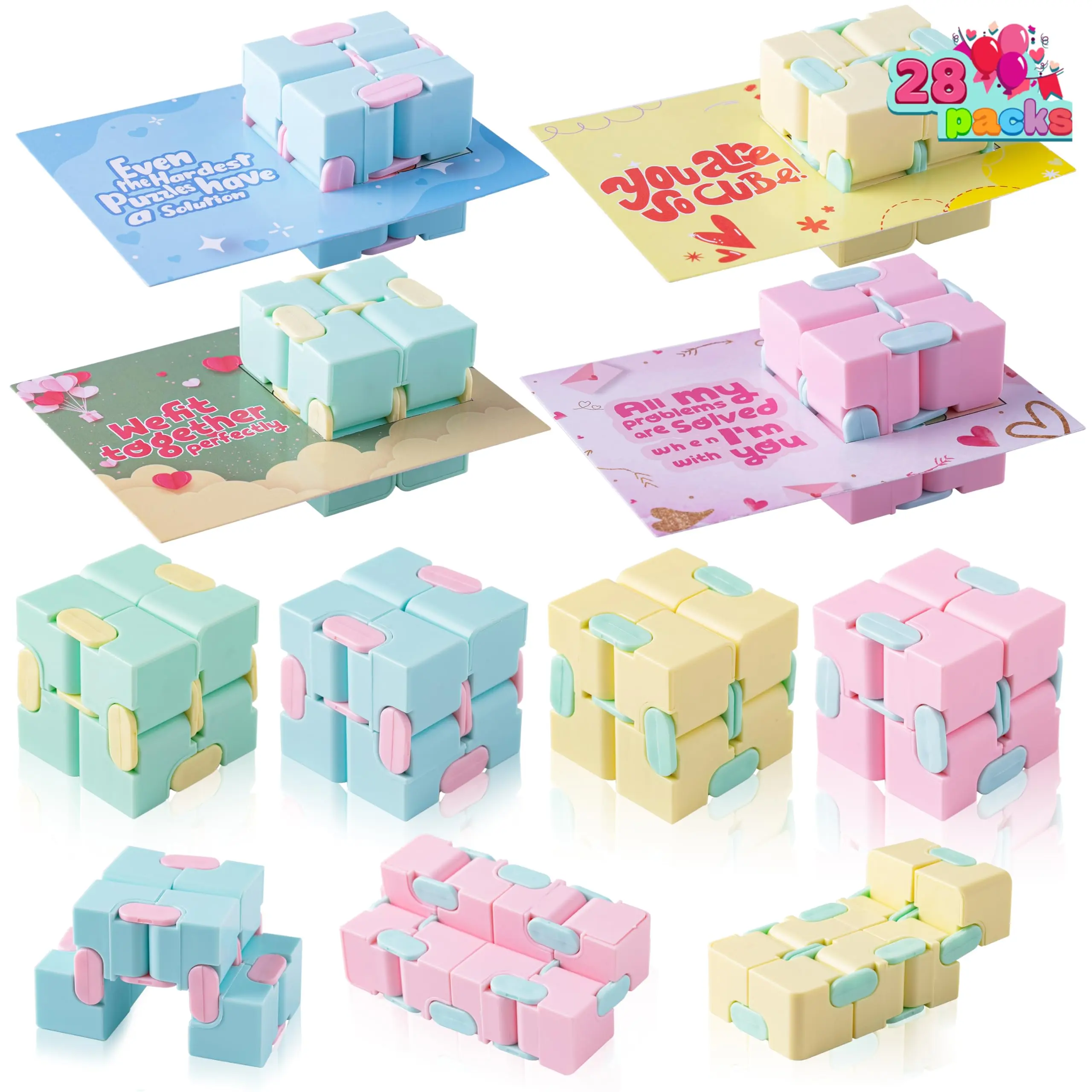 JOYIN 28 Packs Valentine’s Day Gift Cards with Infinity Magic Toys, Colorful Hand-Held Flip Toy, Stress Relief Fidget Toys for Kids Valentine Party Favors, Classroom Exchange and Goodie Bag Stuffers