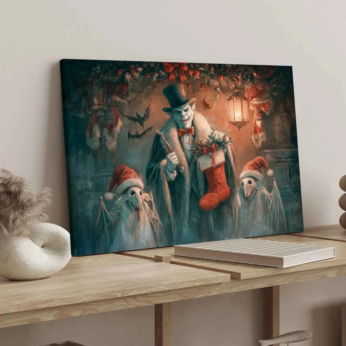 Christmas Vampire & Bat Canvas Art Print, Solid Wood Frame, Waterproof HD Poster, Halloween Decor, Fun Party Wall Art, Ideal Gift