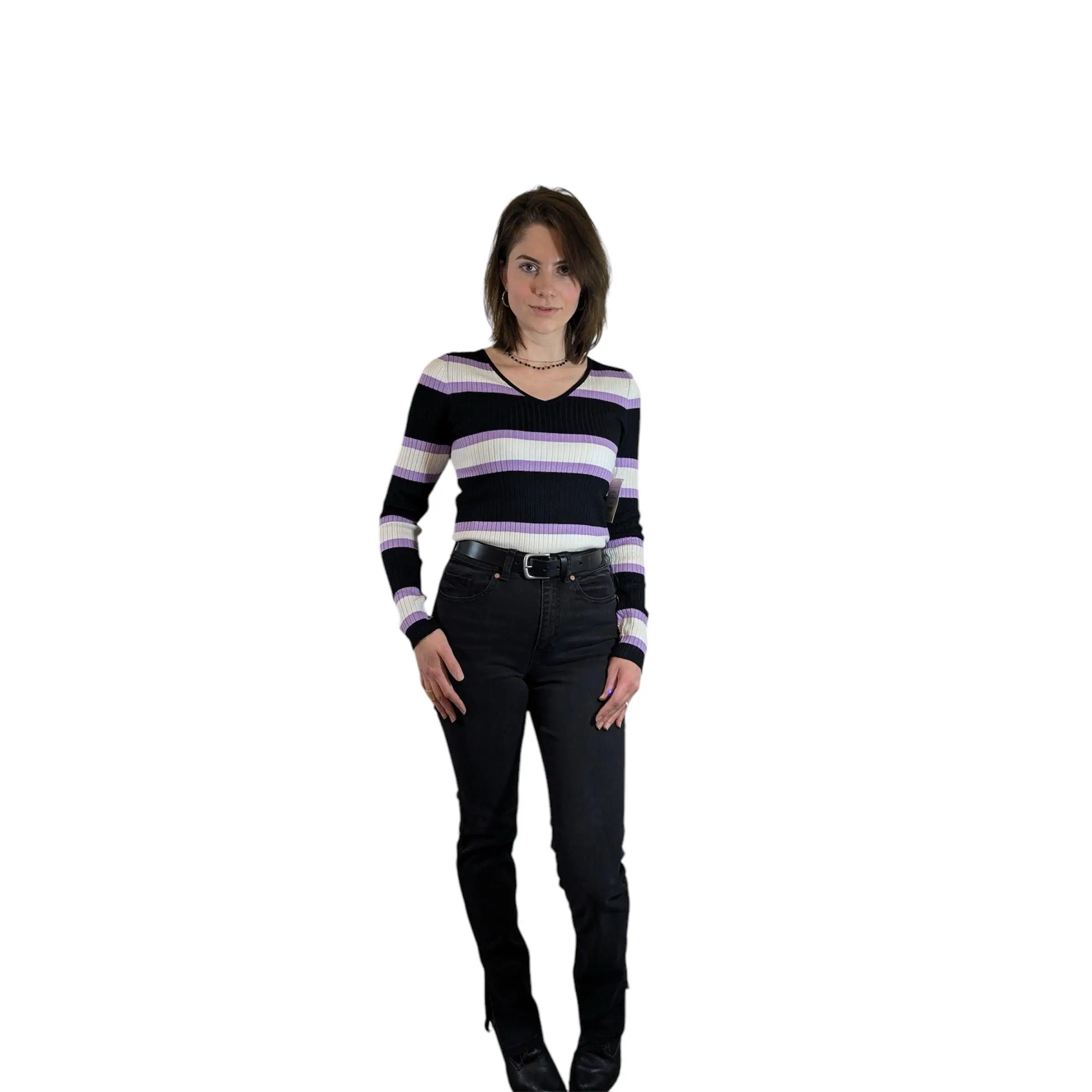 Boutique Purple & Black Striped Ribbed Sweater Top Multiple Sizes