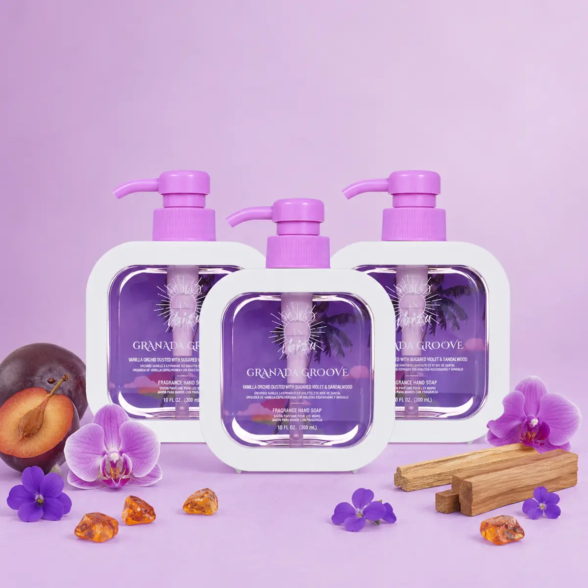 SOLO EN IBIZA Granada Groove Fragrance Liquid Hand Soap, 10 fl oz/300ml - Plum, Sandalwood, Woody Floral Aroma Smooth Hand Cleanser, Gentle Daily Hand Wash for Bathroom & Kitchen Sink